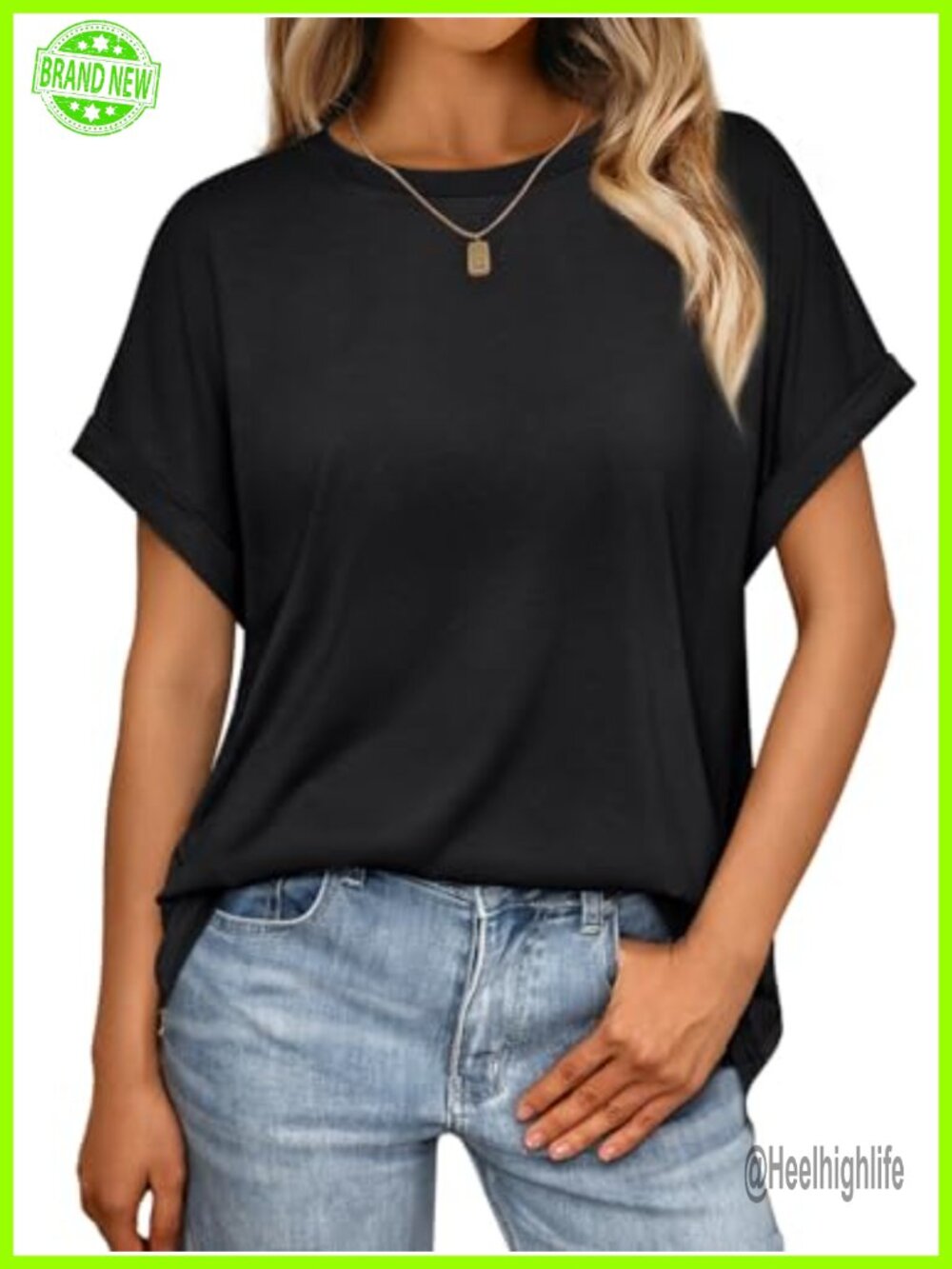 Oversized Short Sleeve T-Shirt Crew Neck Roll-Up Cuff Casual Work Lounge Top
